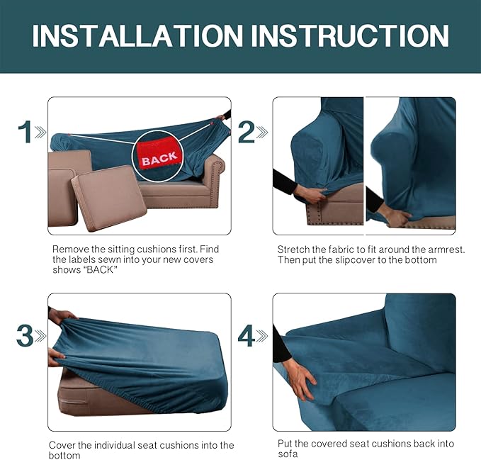 FantasDecor 2 Piece Chair Sofa Covers Velvet for Living Room Slipcovers with Individual Cushion Elastic Furniture Protector for Pets, Machine Washable (Armchair, Deep Teal)