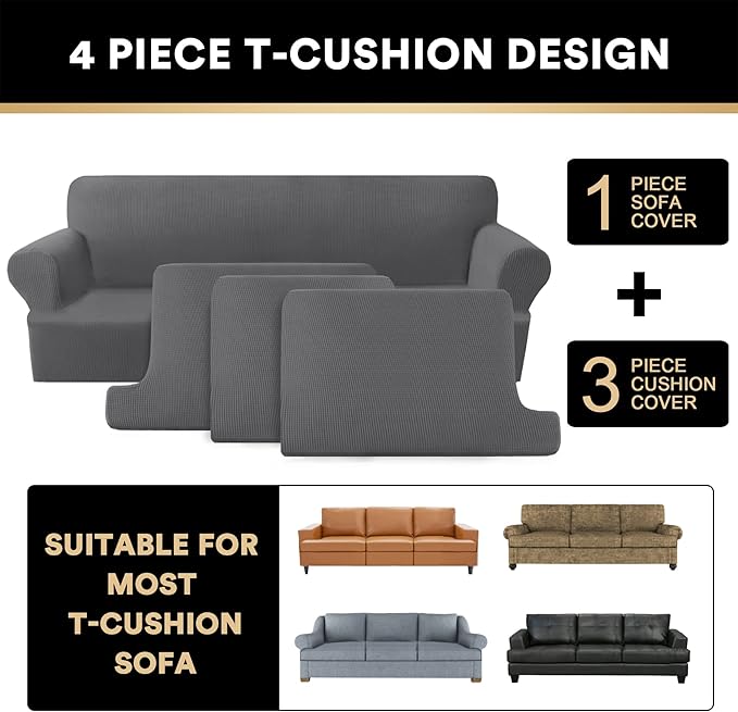 PrinceDeco T Cushion Sofa Slipcover 4 Pieces Sofa Covers for T Cushion Couch Soft Sofa Slip Covers Furniture Protector with 3 Individual T Shape Seat Covers (70"-88") Washable, Grey