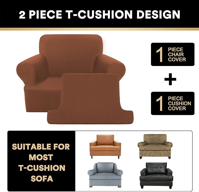 PrinceDeco 2 Pieces Armchair Slipcover Stretch Couch Covers for T Cushion Chair Slipcovers Soft Arm Chiar Cover Furniture Covers with 1 Individual T Shape Seat Covers Width Up to 40",Caramel
