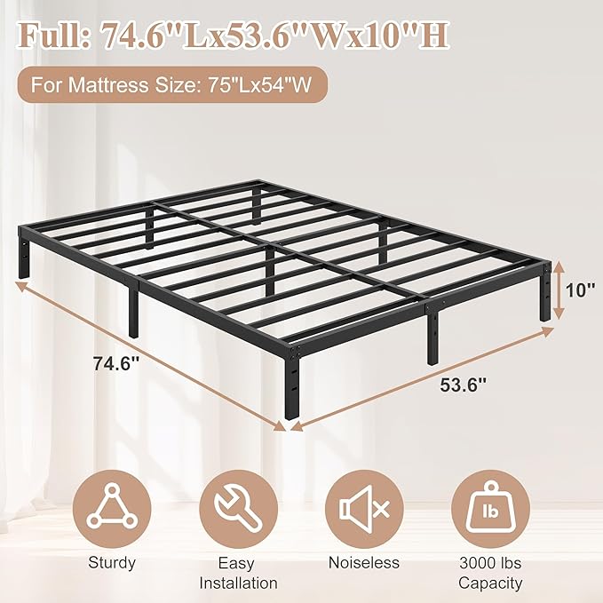 10 Inch Full Size Bed Frame - No Box Spring Needed Heavy Duty Metal Platform Mattress Foundation with Steel Slats, Non-Slip Noise Free Easy Assembly Black Bedframes