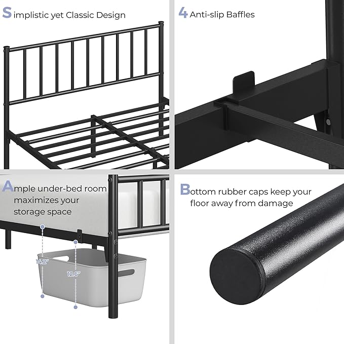 Yaheetech 14 Inch Full Size Bed Frame Metal Platform Bed with Spindle Headboard Footboard/Mattress Foundation/No Box Spring Needed/Underbed Storage Space/Steel Slat Support/Easy Set up, Black