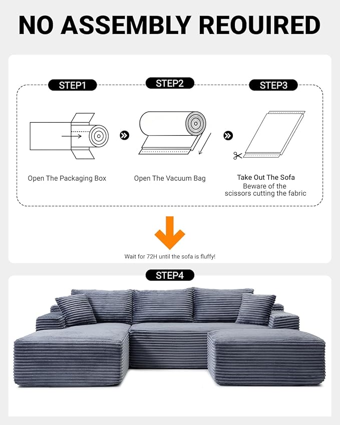 108" Cloud Sectional Couch,Modern Modular Sectional Sofa with Deep Seat,Corduroy Boneless Couches with L-Shape Chaise for Living Room,No Assembly Required (Grey, Left Facing Chaise + Ottoman)