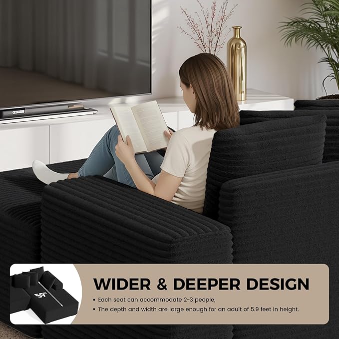 111'' Modular Sectional Cloud Couches with Chaise, L Shaped Extra Large Sleeper Couch Reversible Fluffy Corduroy with 8pcs Pillows for Living Room(Black Right Facing Chaise)