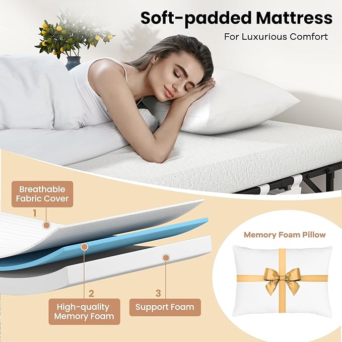 Giantex Folding Bed with Mattress and Top Pillow, Cot Portable Guest Bed w/Metal Frame, Storage Pocket & Cover, Space-Saving Rollaway Bed with Memory Foam Mattress for Adults, 75" x 31"