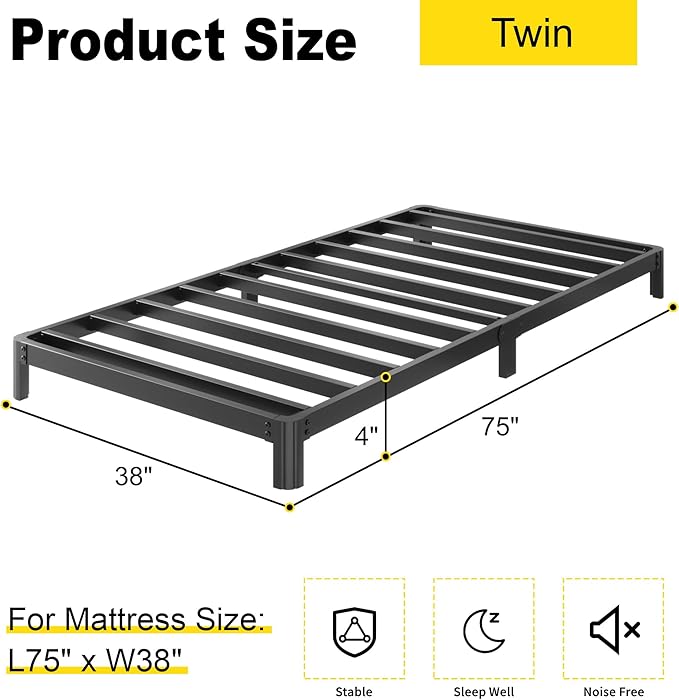 Yicensen 4 Inch Twin Bed Frame Low Profile No Box Spring Needed, Heavy Duty Metal Twin Size Platform Bed Frame with Rounded Corner Legs, Easy Assembly, Noise Free, Black