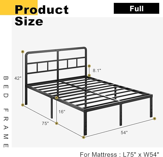 DiaOutro 16 Inch Full Size Bed Frame with Headboard No Box Spring Needed, Heavy Duty Metal Platform with Steel Slat, Mattress Foundation, Easy Assembly, No Noise, Black