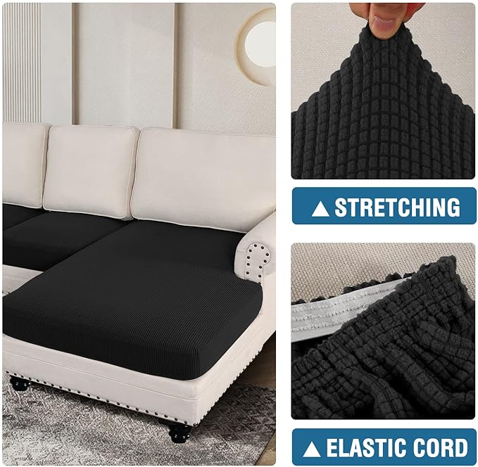 H.VERSAILTEX Sectional Couch Covers 4 Pieces Sofa Seat Cushion Covers L Shape Separate Cushion Couch Chaise Cover for Both Left/Right Sectional Couch (Seat Only: 1 Chaise + 3 Sofa, Black)