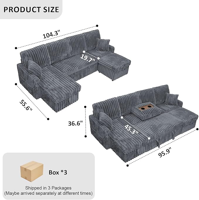 104" U Shaped Sleeper Sofa Bed, Sectional Couches for Living Room, Plush Corduroy Pull Out Couch Bed with Storage, Modular Sectional Couch with Charging Station, Cup Holder, Side Pocket, Light Grey