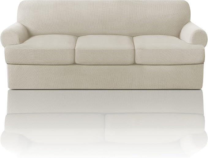PrinceDeco T Cushion Sofa Slipcover 4 Pieces Sofa Covers for T Cushion Couch Soft Sofa Slip Covers Furniture Protector with 3 Individual T Shape Seat Covers (70"-88"), Island Fossi