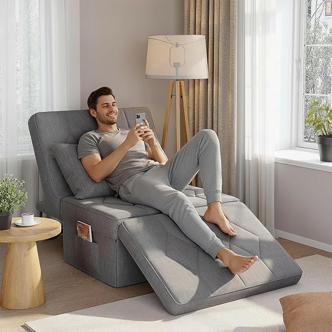 Convertible Sofa Bed with 5-Level Adjustable Backrest, 74" D x 37" W 4-in-1 Folding Ottoman Sleeper Chair Bed, Modern Single Futon Couch for Living Room Apartment Dorm Small Space, Light Grey