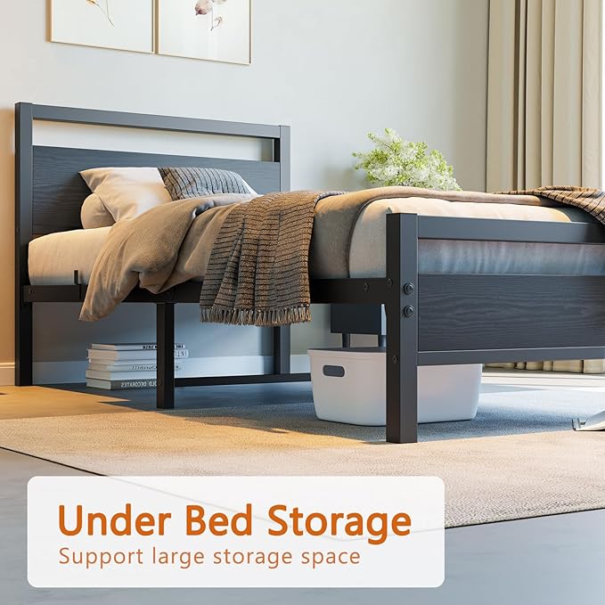 BOFENG Black Twin Bed Frame with Wood Headboard,Metal Single Platform Bed Frame Twin Size No Box Spring Needed,Heavy Duty Metal Slats Support,Noise Free,Single Bed Base,Easy Assembly