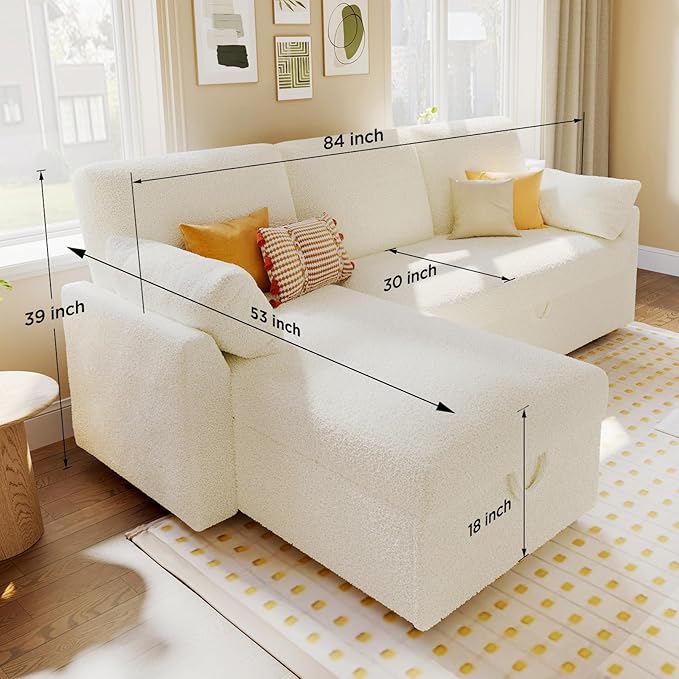 VanAcc Sofa Bed, Sleeper Sofa- 2 in 1 Pull Out Couch Bed with Storage Chaise for Living Room, White Sherpa