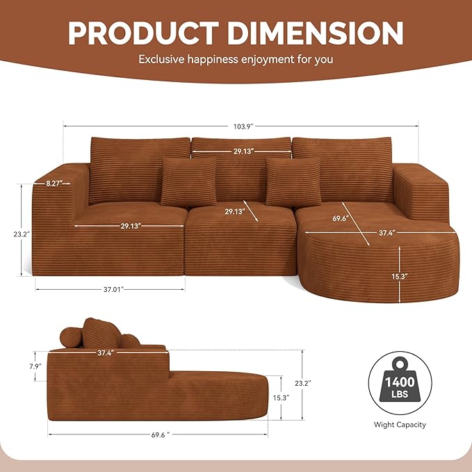 Boneless Couches for Living Room,Cloud Sectional Couch with L-Shape Chaise,Modern Modular Sofa with Deep Seat Upholstered Comfy Couches for Bedroom,No Assembly Required,1PCS