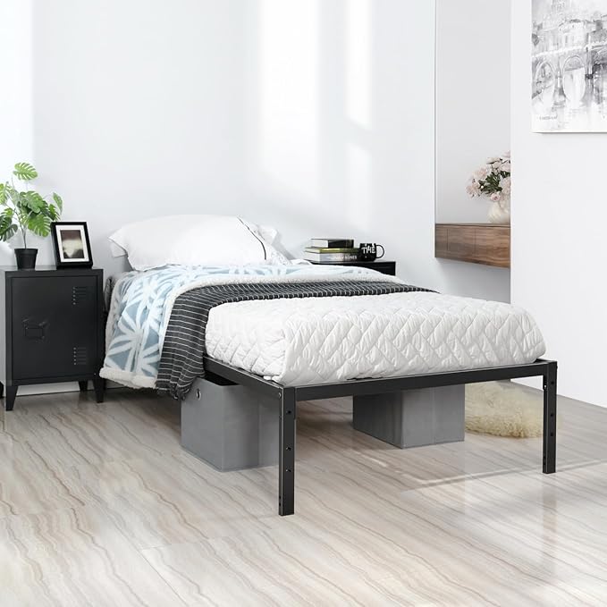 FurnitureR Modern Metal Platform Bed, Full/Twin/Single Size Bed Frame with 14.2" Under-Bed Storage, Sturdy Locking Mechanism, Easy Assembly for Bedroom or Guest Room, Black (Single)