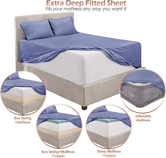 Hearth & Harbor Extra Deep Pocket King Size Sets - Fits Mattress 18-24 Inches Deep - Extra Deep Pocket Sheets - 6 Piece King Size - Steel Blue