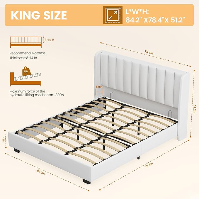 King Size Upholstered Lift Up Storage Bed Frame with 51.2" Tall Headboard, Velvet Wingback Tufted Design, Wood Slats Support, No Box Spring Required, Noise-Free Double Low Bed Frame (King,White)