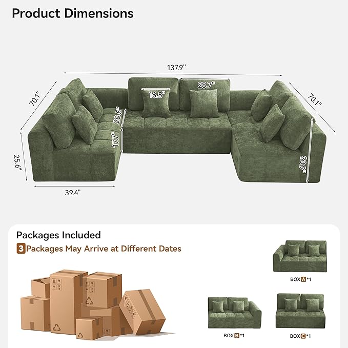 140''Modular Sectional Couches for Living Room, Cloud Boneless Compressed Sectional Sofa, Oversized U Shaped 6 Seater Upholstered Memory Foam Sofa, No Assembly, Chenille Green