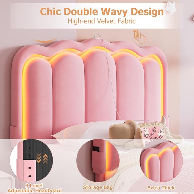 Twin Upholstered LED Bed Frame with Storage Drawer and Adjustable Chic Double Wavy Headboard, Velvet Princess Platform Bed for Girls/Kids, Solid Wood Slats Support, No Box Spring Needed, Pink