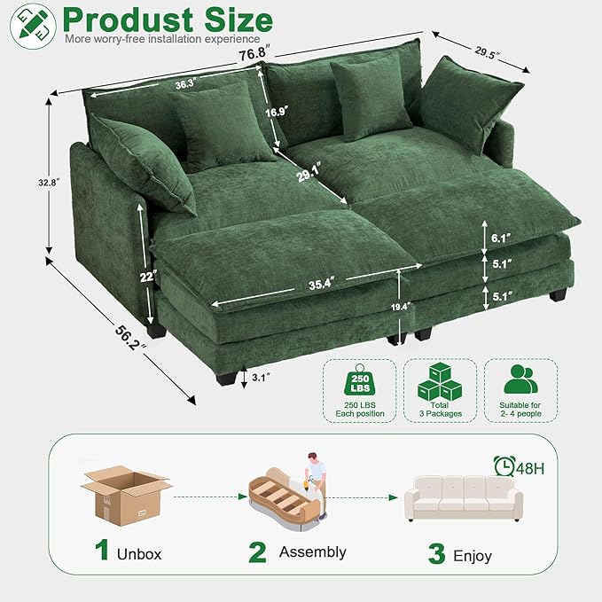 Expandable L-Shaped Sectional Sofa with Ottoman for Apartments, 77" Cloud Chenille Couch, Create a U-Shape Layout with Optional 2nd Ottoman, Solid Wood Frame, Easy Assembly