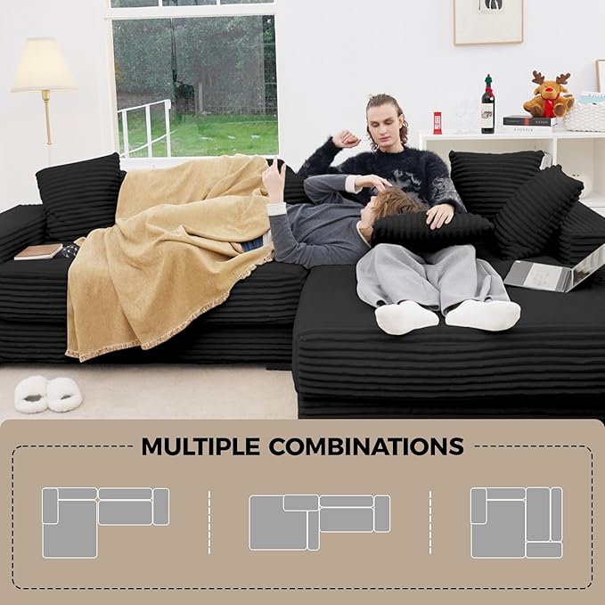 111'' Modular Sectional Cloud Couches with Chaise, L Shaped Extra Large Sleeper Couch Reversible Fluffy Corduroy with 8pcs Pillows for Living Room(Black Right Facing Chaise)