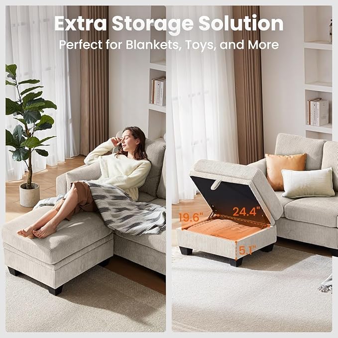 CHIC HOUSE Modular Sectional Sofa with Storage Ottomans, Corduroy Cloud Couch for Small Spaces & Apartments, Reconfigurable L/U Shaped Convertible Corner Sofa, Beige, 5 Seater Sectional