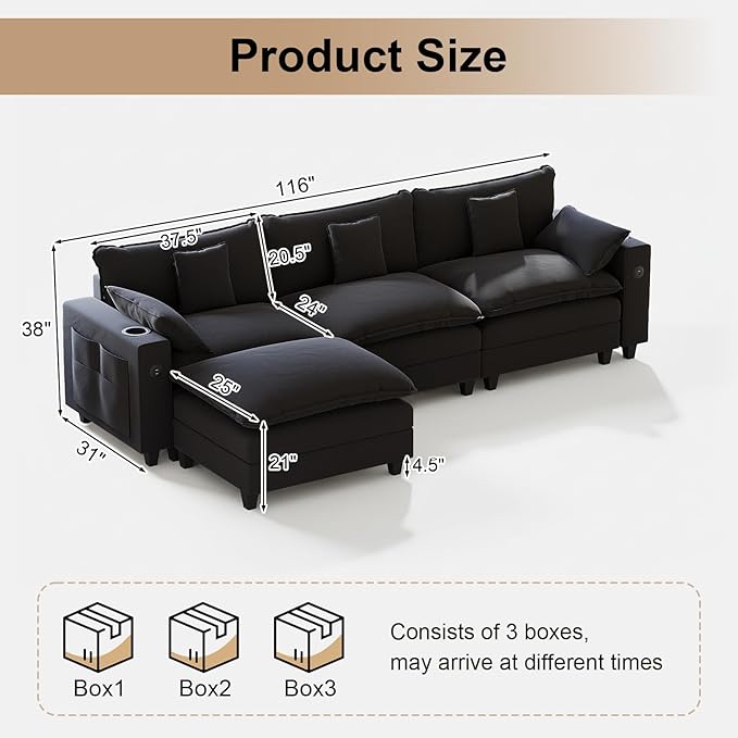 116" Modular Sectional Sofa, L Shaped Cloud Couch with Movable Ottoman, Chenille Deep Seat Cloud Sofa with Charging Station, Cup Holder, Side Pocket, Sectional Couches for Living Room, Black