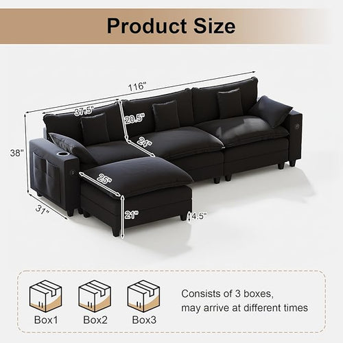 116" Modular Sectional Sofa, L Shaped Cloud Couch with Movable Ottoman, Chenille Deep Seat Cloud Sofa with Charging Station, Cup Holder, Side Pocket, Sectional Couches for Living Room, Black