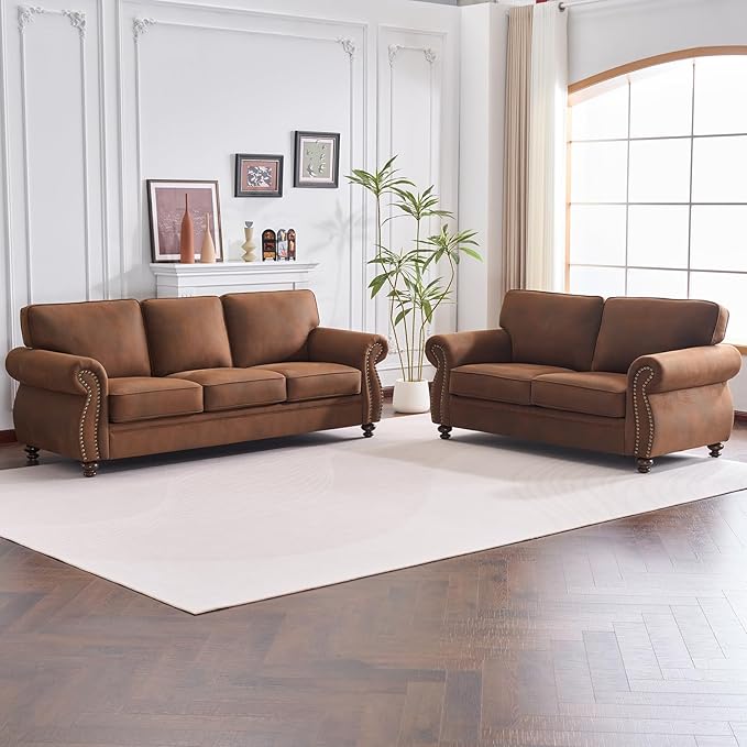Living Room Furniture Sets,Sofa Sets and Couch Sets for Living Room,Mid-Century Vintage Sofa Couches with Rivet Design (Caramel, Loveseat+3 Seater)