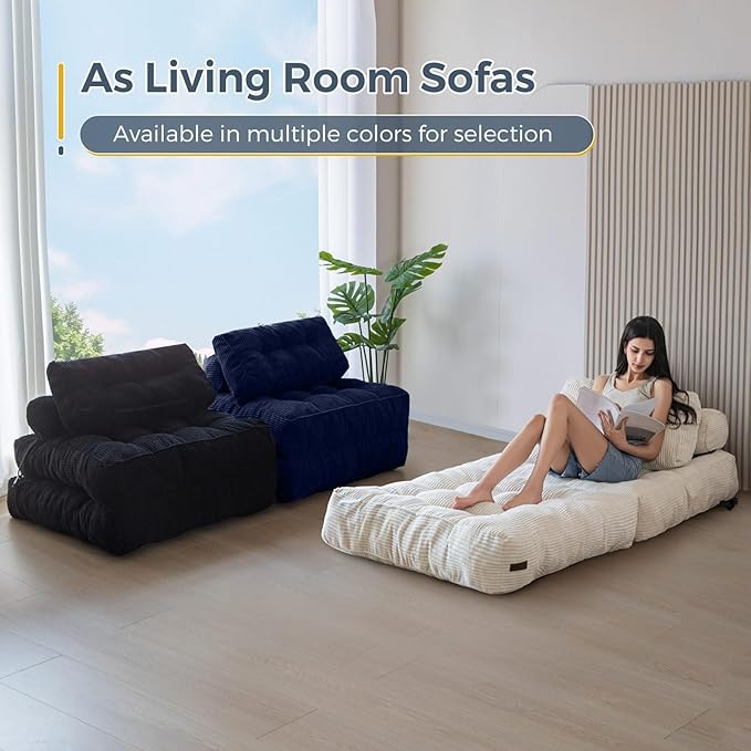 MAXYOYO Folding Sofa Bed, Convertible Sleeper Chair with Pillow Foldable Mattress with Back Support, Portable Fold Out Chair Bed Comfy Floor Sofa Lounge for Living Room Bedroom, Navy, Single