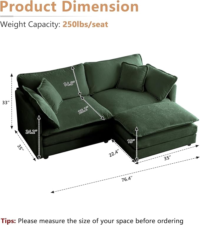 mikibama Modular Sectional Sofa, 76.4 Inch L Shaped Couch Set for Living Room, Loveseat Comfy Cloud Couches with Movable Ottoman, DIY Combination, Chenille, Evergreen
