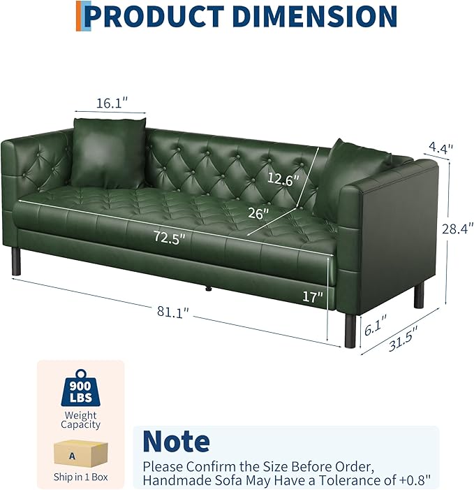 GarveeHome 81 in Leather Couch for Living Room, Modern Sofa Couch with Deep Seat and 2 Pillows, Handmade Button Tufted 3 Seater Sofa, Leather Sofa for Apartment, Office, Green
