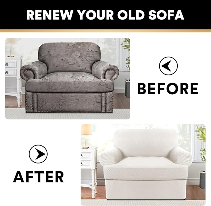 PrinceDeco 2 Pieces Armchair Slipcover Stretch Couch Covers for T Cushion Chair Slipcovers Soft Arm Chiar Cover Furniture Covers with 1 Individual T Shape Seat Covers Width Up to 40", Porcelain