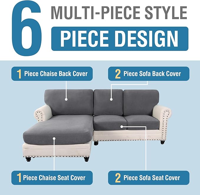 H.VERSAILTEX Sectional Couch Covers 6 Pieces Stretch Sofa Covers for Sectional Sofa Set Separate L Shaped Couch Cover for Both Left/Right Couch (Seat and Back: 1 Chaise + 2 Sofa, Grey)