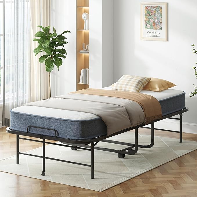 Mjkone Rollaway Bed with Mattress, 5 Inch Folding Bed for Adults, Fold Up Beds with Lockable Wheels, Sturdy Metal Fold Away Frame for Bedroom/Guest, Space Saving（75" x 38"）
