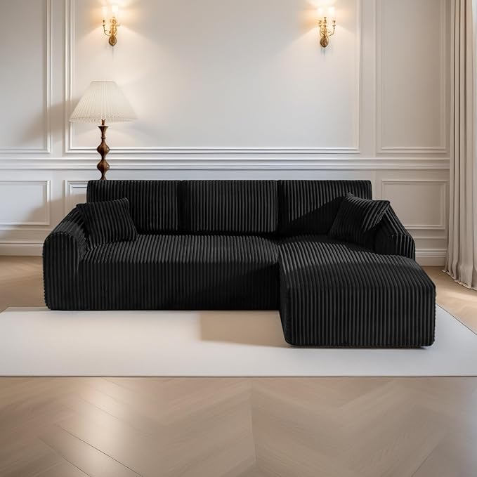 109“L-Shaped Sectional Sofa Boneless Couch Upholstery Cloud Modular Couch with Chaise No Assembly Required Corduroy Fabric Combination Deep Seat Living Room Bedroom(Black, Right Hand Facing)