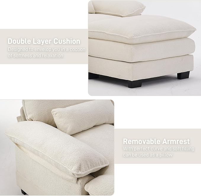 113" Cloud Couch Sectional Modular Sofa U Shaped Sectional Couches for Living Room Comfy 5-Seater Deep Seat Couch Chenille Cloud Sectional Sofa with Movable Ottoman & 4 Pillows, Cream White