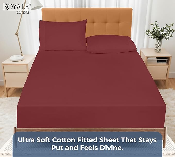 Royale Linens 100% Organic Cotton Fitted Sheet - Percale Weave - Super Soft Deep Pocket Bottom Sheets - Elastic Sheet Twin XL Size - Twin XL Fitted Sheets Only - (39"x80"+15", Red)