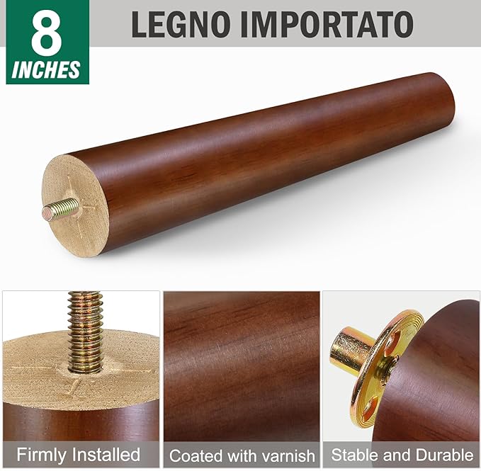FoDau770 Brown Rubber Wood Furniture Legs 8 Inches, Straight Tapered Wood Feet Mid Century Sofa Legs Set of 8, 5/16" UNC Furniture Feet for Cabinet Couch Dresser Chair Ottoman Table