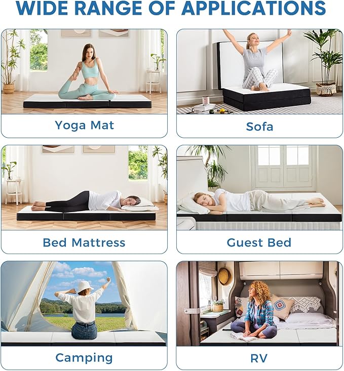 OLIXIS Tri-fold Memory Foam Mattress - 4 Inch Twin XL Size Portable Floor Bed, Foldable Mat for Kids and Adults, Collapsible and Washable Cover with CertiPUR-US Certified, for Travel & Camping & Yoga