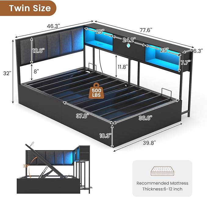 Hasuit Corner Twin Lift Up Storage Bed Frame with Charging Station & LED Lights, Twin Day Bed with Upholstered Headboard and Bookcase, Corner Beds with Hydraulic for Kids Teens Guests, Black