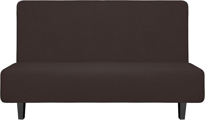 Easy-Going Stretch Futon Slipcover Armless Futon Bed Cover Furniture Protector Without Armrests with Elastic Bottom for Kids, Soft Jacquard Fabric Small Checks (Medium, Chocolate)
