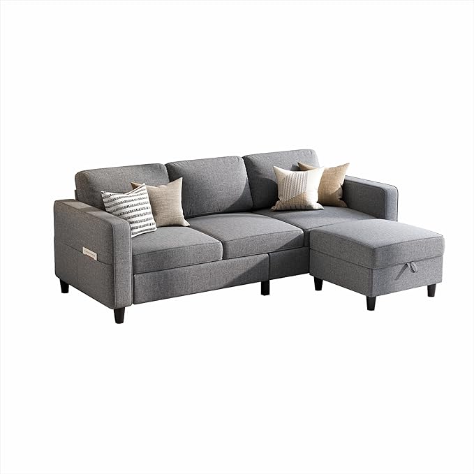 Sectional Sofas Couches for Living Room 78" L-Shaped Couch - Modern Linen Grey Sofa with Storage Ottoman for Apartments, Studios & Home Offices, Small Space