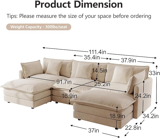 mikibama Modular Sectional Sofa, 111.5 Inch U Shaped Couch Set for Living Room, 3-Seater Comfy Cloud Couches with Movable Ottoman, DIY Combination, Chenille, Light Coffee