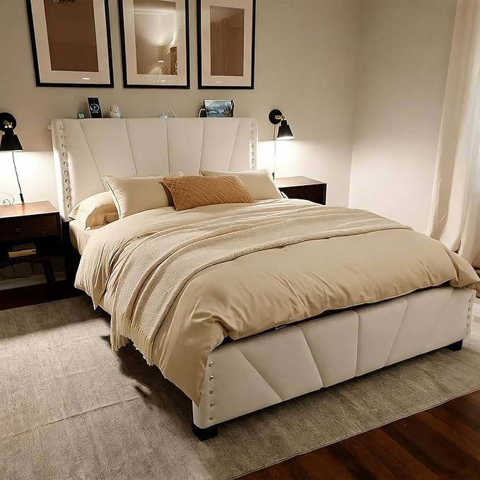 EnHomee Full Size Bed Frame, Velvet Bed Frame with Headboard and Led Light, Platform Bed Frame for Bedroom Apartment, Dorm, Noise-Free, Easy Assembly, Beige