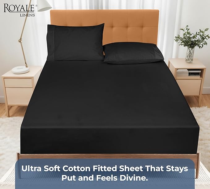 Royale Linens 100% Organic Cotton Fitted Sheet - Percale Weave - Super Soft Deep Pocket Bottom Sheets - Black Elastic Sheet Queen Size - Queen Fitted Sheets Only - (60"x80"+15", Black)