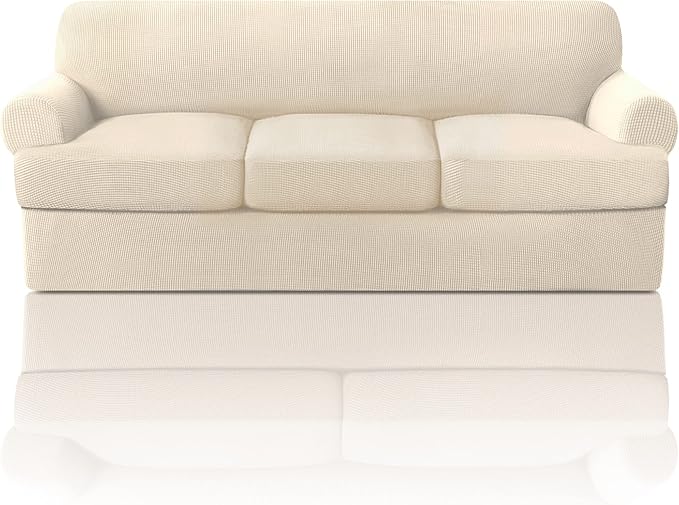 PrinceDeco T Cushion Sofa Slipcover 4 Pieces Sofa Covers for T Cushion Couch Soft Sofa Slip Covers Furniture Protector with 3 Individual T Shape Seat Covers (70"-88") Washable, Natural