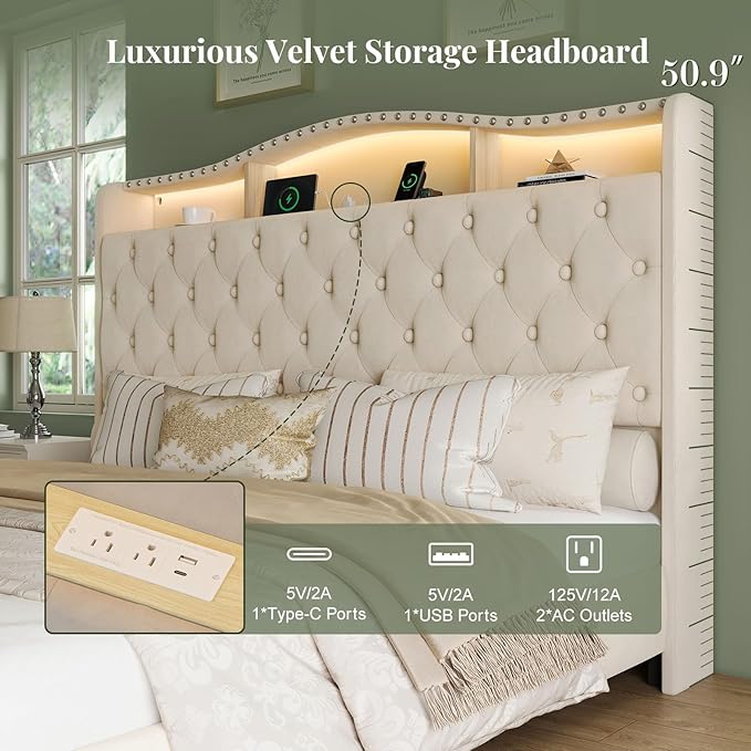 Belffin King Size Bed Frame and Headboard, 50.9" Velvet Upholstered Wingback Bedframe with LED Lights & Storage/Charging Station, Button Tufted Tall Footboard, No Box Spring Needed, Noise-Free, Beige