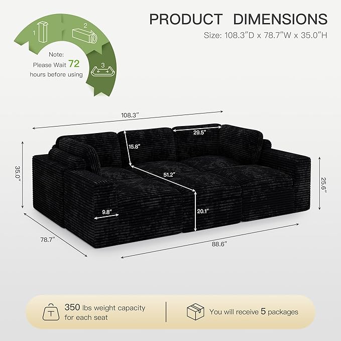 Cloud Sectional Sleeper Sofa Bed 6-Seater Plush Corduroy Modular Sectional Sofa Couches for Living Room with Ottoman. Black Couch.