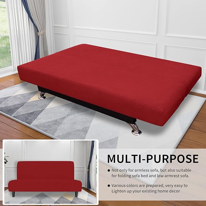Easy-Going Stretch Futon Slipcover Armless Futon Bed Cover Furniture Protector Without Armrests with Elastic Bottom for Kids, Soft Jacquard Fabric Small Checks (Large, Christmas Red)