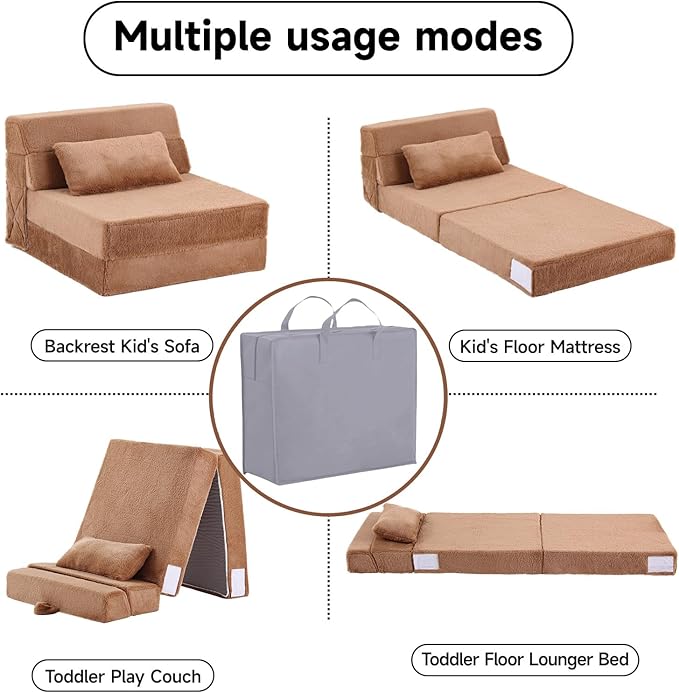 Tiita Convertible Folding Kids Sofa Bed with Pillow & Storage Bag, Plush Fabric Floor Mattress Couch Bed, Washable Cover, Kids Room, Playroom, Dorm, Apartment, Brown